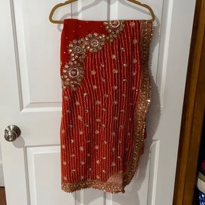 Orange Beaded Bridal Wedding Indian Pakistani Saree